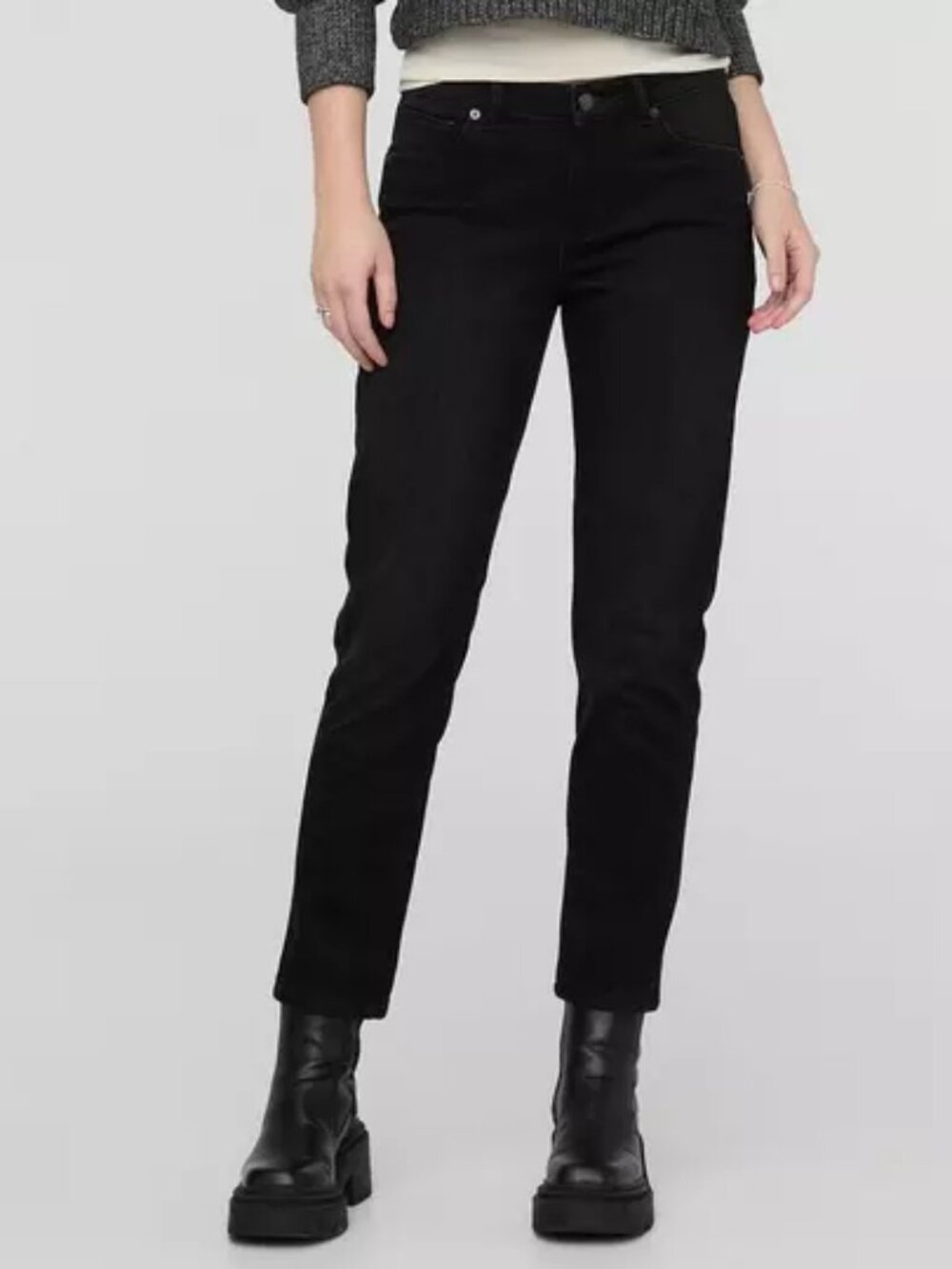 DUER Black Tech Fleece Denim Girlfriend Jeans Mid Rise Lined Cropped Size 30